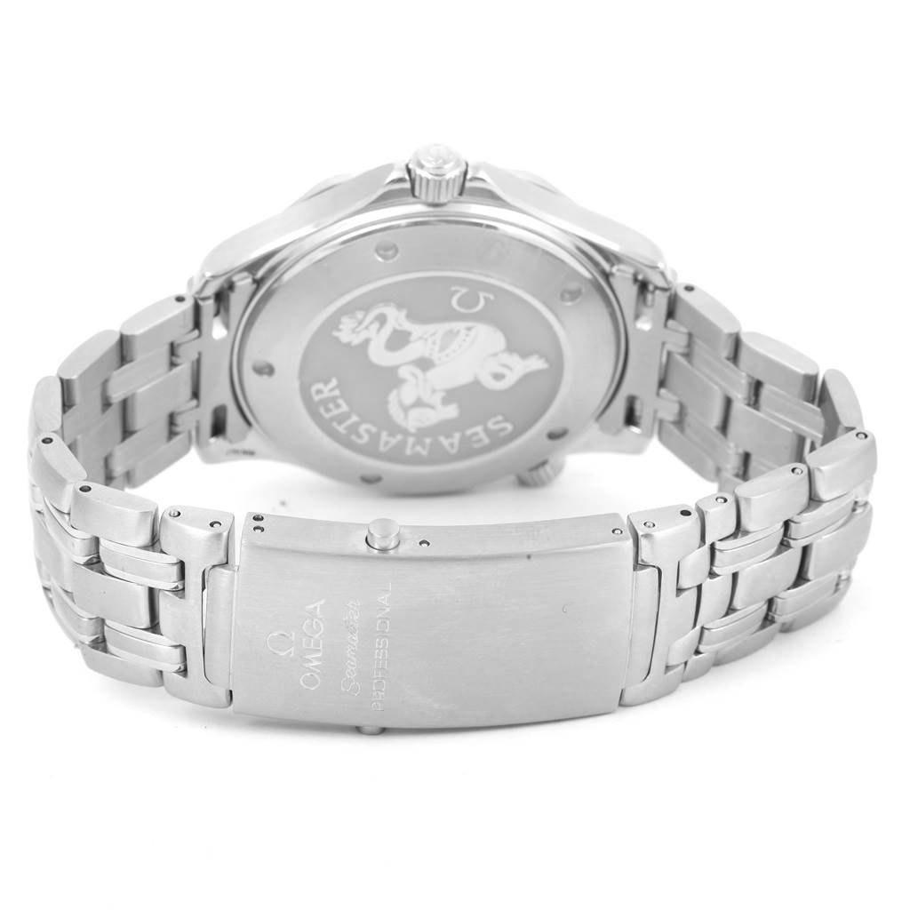 The image shows the back view of an Omega Seamaster 2221.80.00 Men
s Stainless Steel Blue Dial 2221.80.00 Men
s Stainless Steel Blue Dial watch and its metal bracelet with clasp.