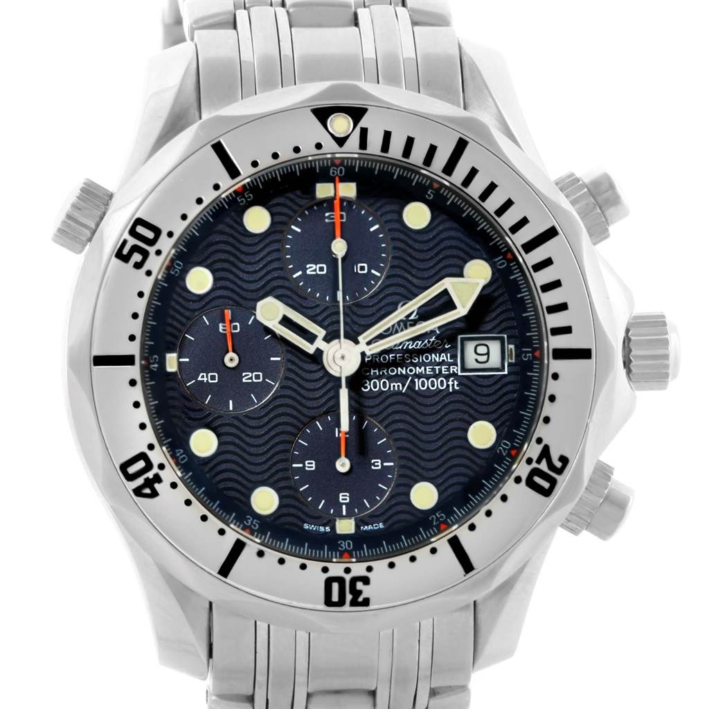 The image shows a front view of an Omega Seamaster 2598.80.00 Men's Stainless Steel Blue Dial 2598.80.00 Men's Stainless Steel Blue Dial watch, displaying its dial, bezel, and stainless steel bracelet.