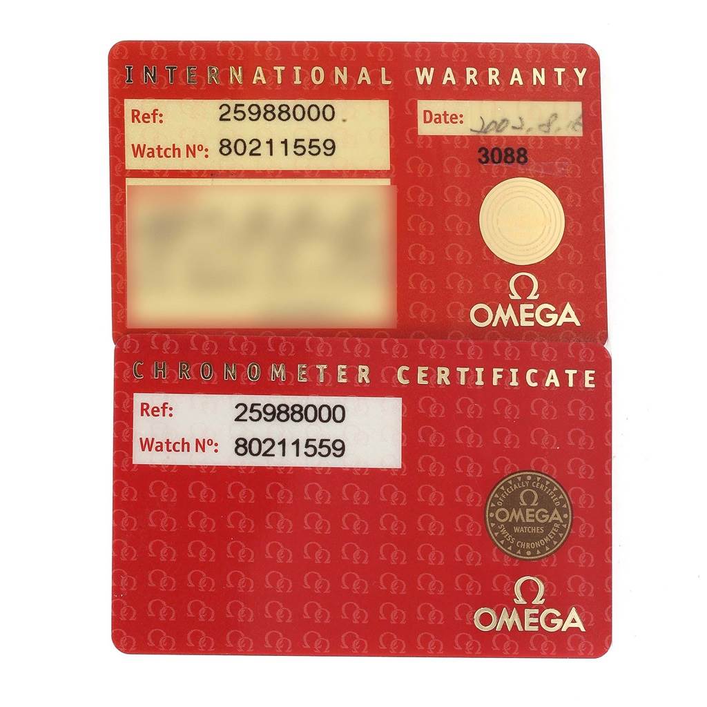 This image shows the International Warranty and Chronometer Certificate cards for an Omega Seamaster 2598.80.00 Men's Stainless Steel Blue Dial 2598.80.00 Men's Stainless Steel Blue Dial watch.
