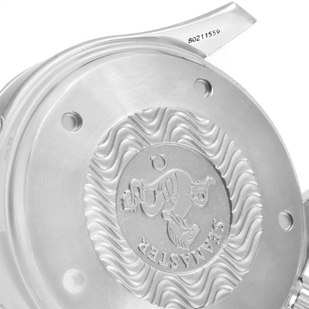 The image shows the case back of an Omega Seamaster 2598.80.00 Men's Stainless Steel Blue Dial 2598.80.00 Men's Stainless Steel Blue Dial watch, featuring its distinctive embossed design.