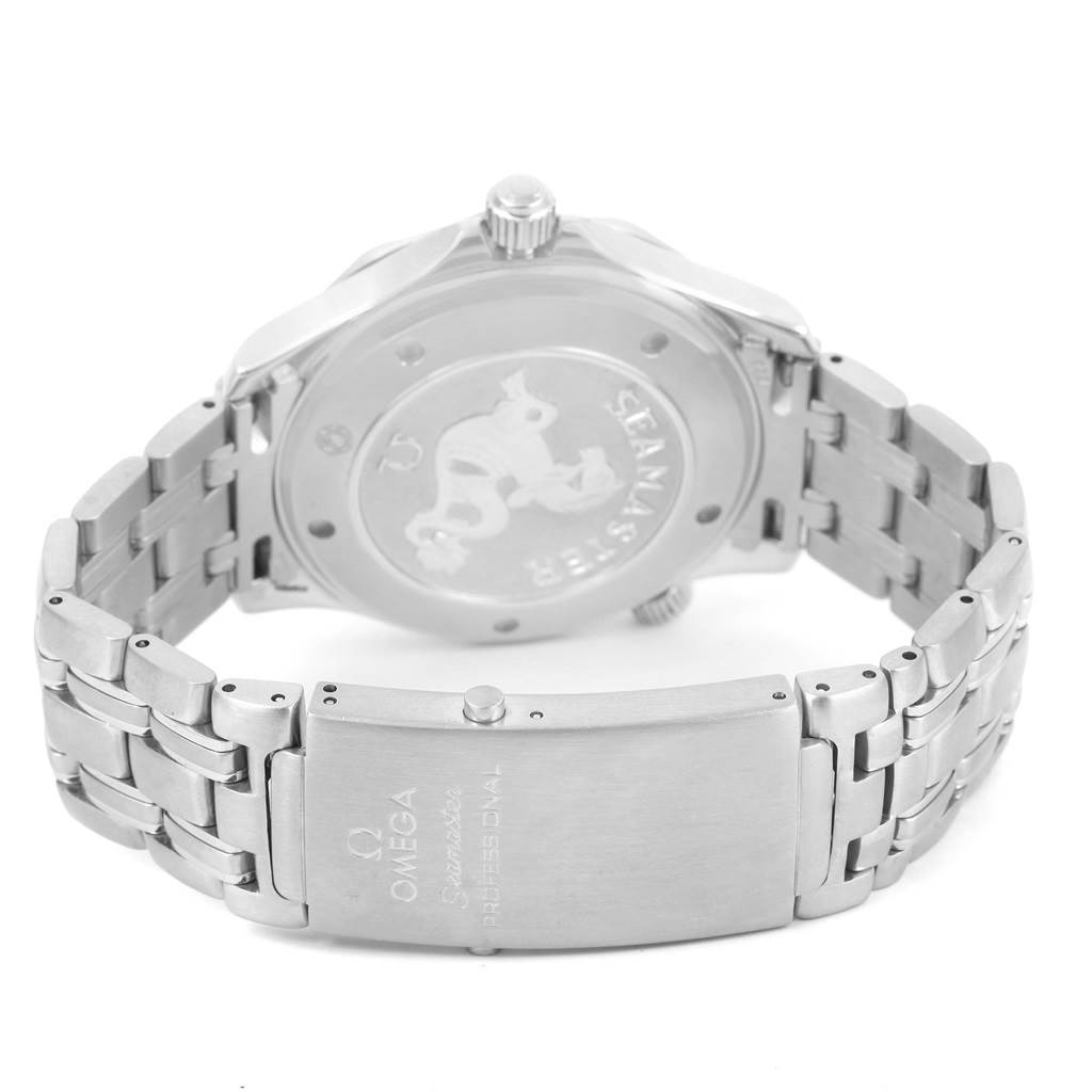 The image shows the back case and bracelet of an Omega Seamaster 2221.80.00 Men
s Stainless Steel Blue Dial 2221.80.00 Men
s Stainless Steel Blue Dial watch at an angled rear view.