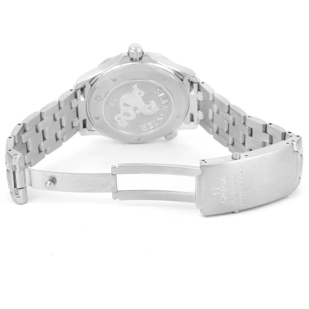 The image shows the back of an Omega Seamaster 2221.80.00 Men
s Stainless Steel Blue Dial 2221.80.00 Men
s Stainless Steel Blue Dial watch, focusing on the case back and the open metal bracelet clasp.