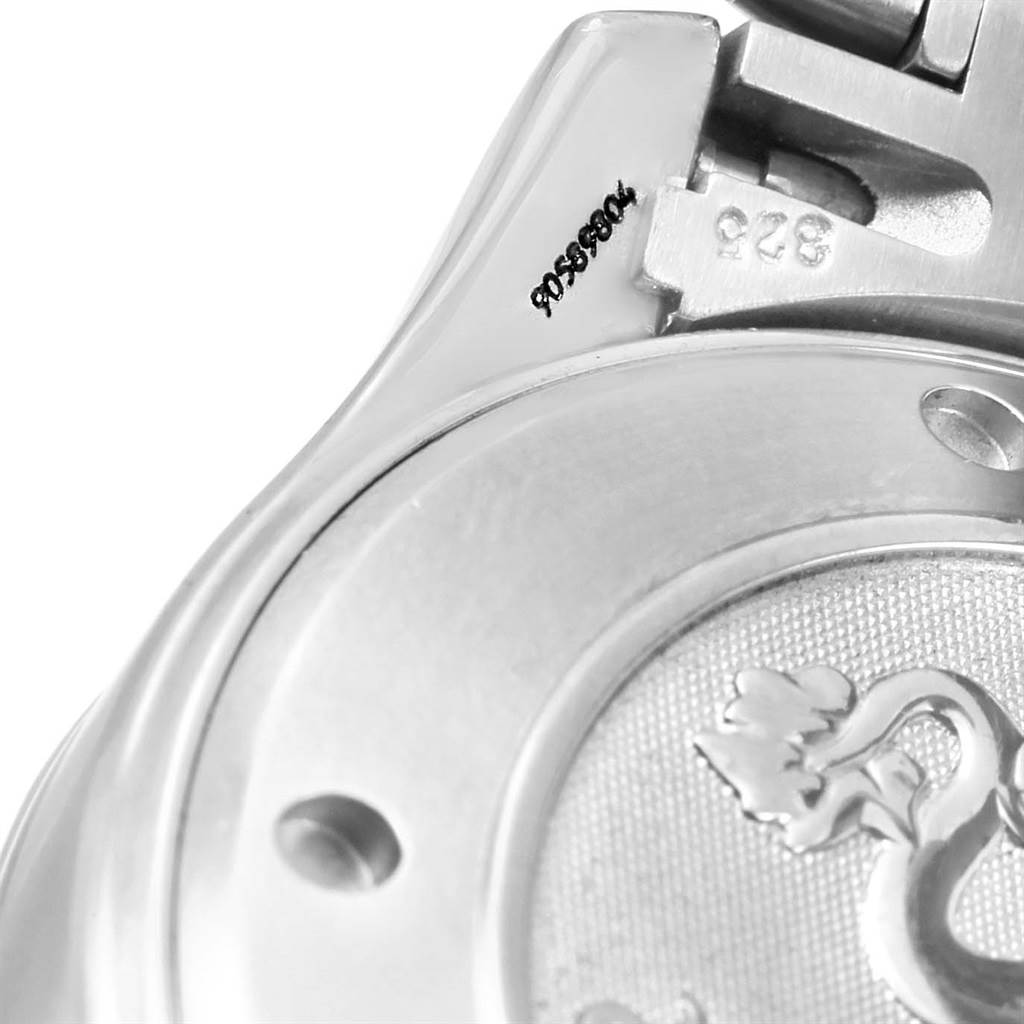 This image shows a close-up of the back case and bracelet attachment of an Omega Seamaster 2221.80.00 Men
s Stainless Steel Blue Dial 2221.80.00 Men
s Stainless Steel Blue Dial watch.