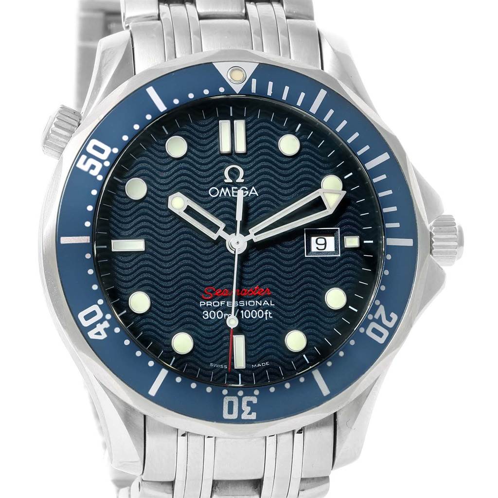 The Omega Seamaster 2221.80.00 Men
s Stainless Steel Blue Dial 2221.80.00 Men
s Stainless Steel Blue Dial watch is shown from the front, displaying the dial, bezel, hands, and part of the bracelet.
