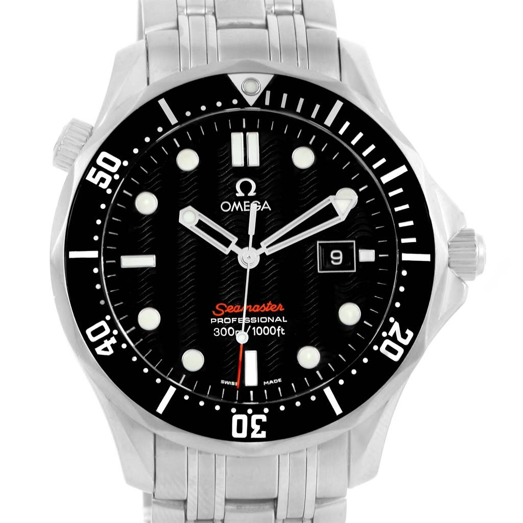 The image shows a front view of the Omega Seamaster 212.30.41.61.01.001 Men
s Stainless Steel Black Dial 212.30.41.61.01.001 Men
s Stainless Steel Black Dial watch, displaying its face, bezel, and part of the metal bracelet.