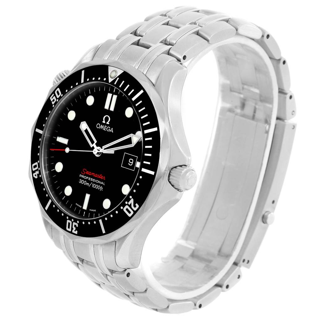 The Omega Seamaster 212.30.41.61.01.001 Men
s Stainless Steel Black Dial 212.30.41.61.01.001 Men
s Stainless Steel Black Dial watch is shown at an angle that highlights the face, bezel, crown, and metal bracelet.