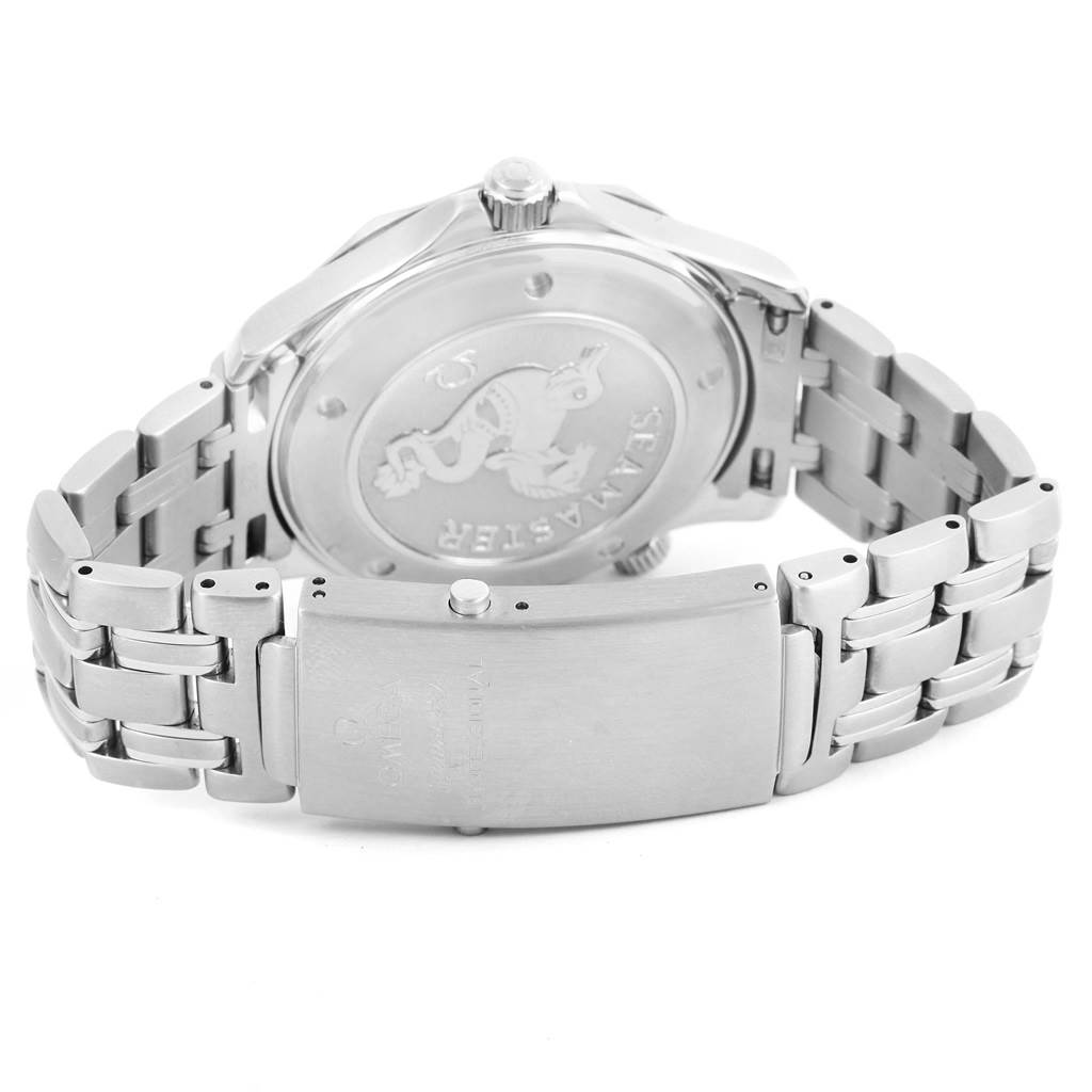 This image shows the back view and bracelet of an Omega Seamaster 212.30.41.61.01.001 Men
s Stainless Steel Black Dial 212.30.41.61.01.001 Men
s Stainless Steel Black Dial watch, emphasizing its clasp and engraved case back.