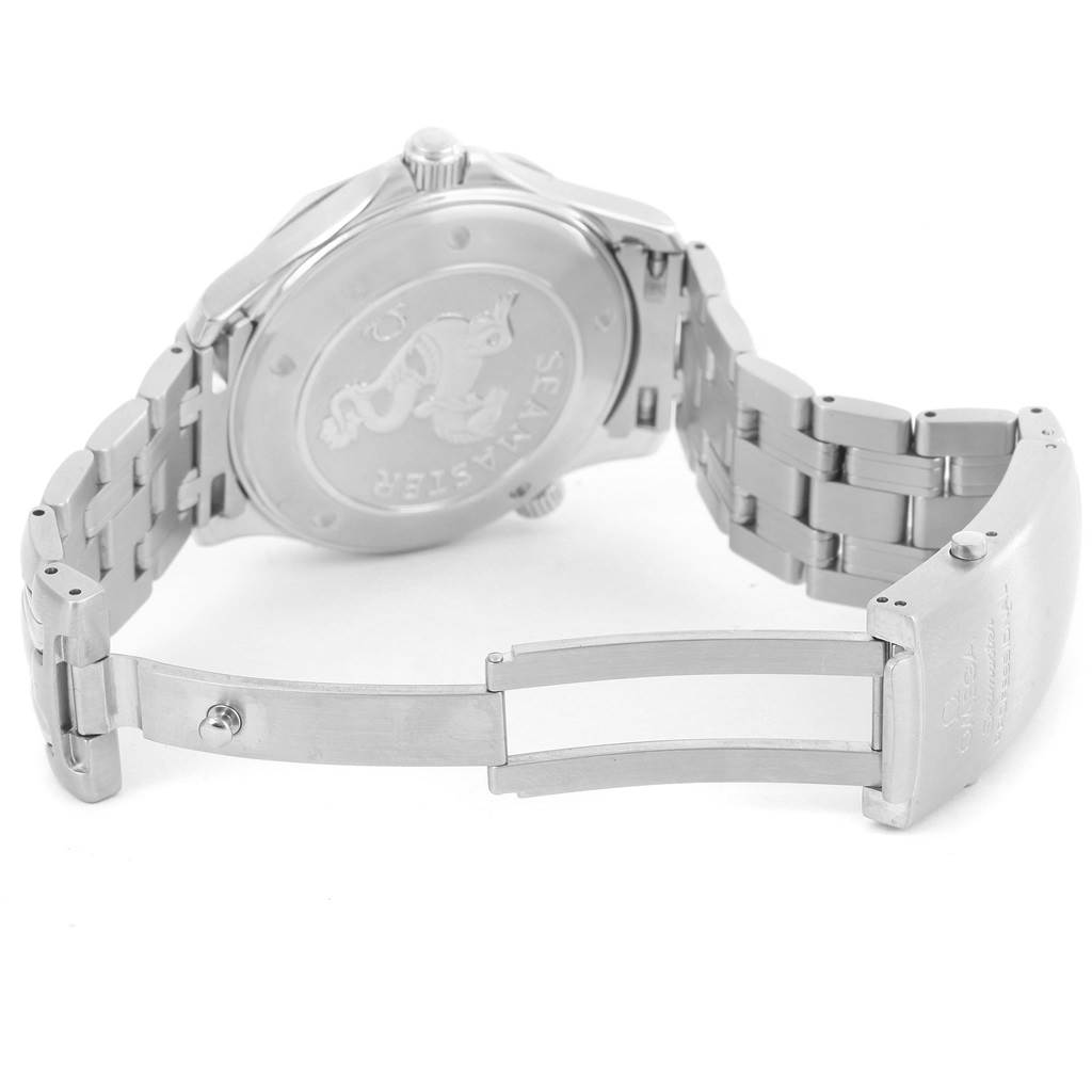 The image shows the backside and bracelet clasp of the Omega Seamaster 212.30.41.61.01.001 Men
s Stainless Steel Black Dial 212.30.41.61.01.001 Men
s Stainless Steel Black Dial watch at an angle.