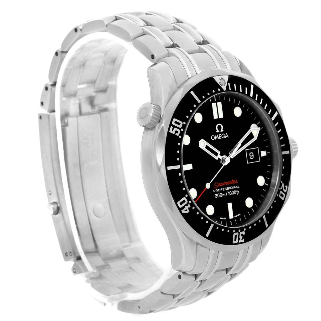 The image shows a frontal angle of the Omega Seamaster 212.30.41.61.01.001 Men
s Stainless Steel Black Dial 212.30.41.61.01.001 Men
s Stainless Steel Black Dial watch, highlighting its dial, bezel, and metal bracelet.