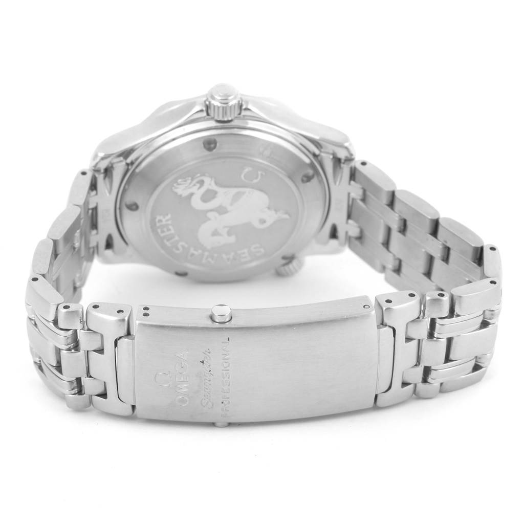 This image shows the back and clasp of an Omega Seamaster 2222.80.00 Men
s Stainless Steel Blue Dial 2222.80.00 Men
s Stainless Steel Blue Dial watch at a slightly tilted angle.