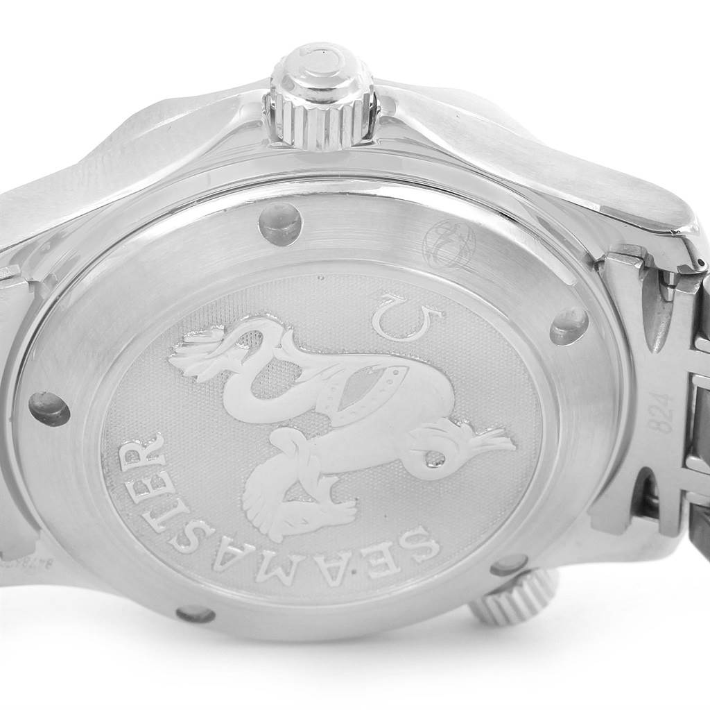 The image shows the case back and the crown of an Omega Seamaster 2222.80.00 Men
s Stainless Steel Blue Dial 2222.80.00 Men
s Stainless Steel Blue Dial watch from a side angle.