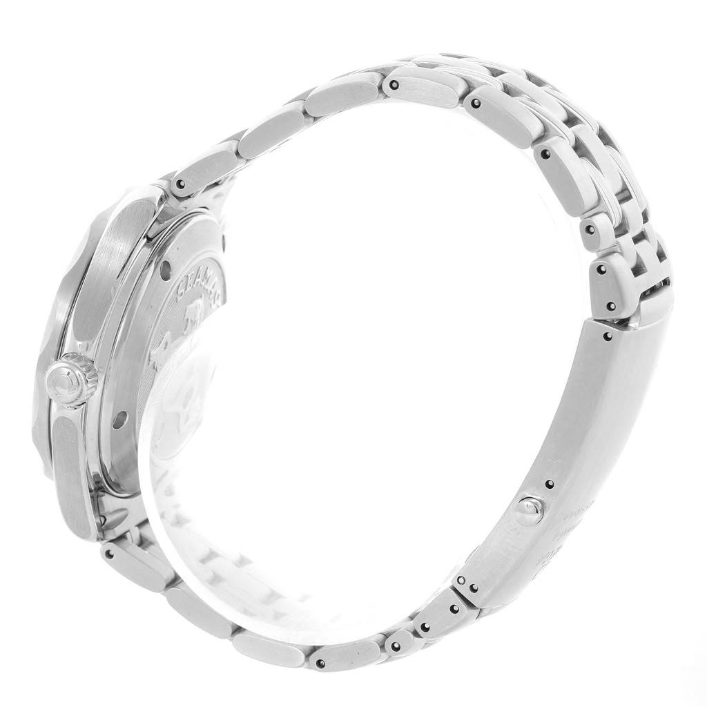 The image shows a side view of an Omega Seamaster 2222.80.00 Men
s Stainless Steel Blue Dial 2222.80.00 Men
s Stainless Steel Blue Dial watch, highlighting its metal bracelet and case with the crown visible.