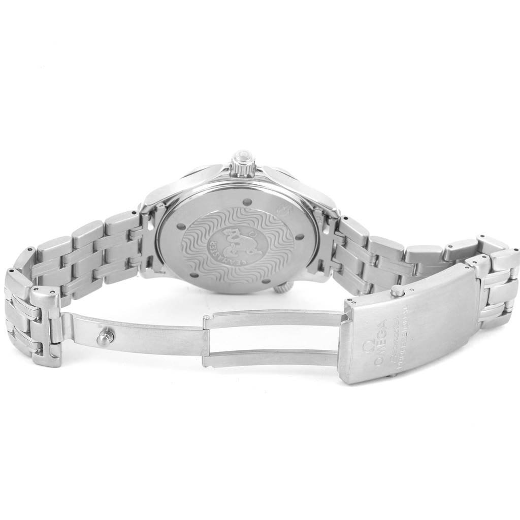 The image shows the back case and open bracelet clasp of an Omega Seamaster 2531.80.00 Men
s Stainless Steel Blue Dial 2531.80.00 Men
s Stainless Steel Blue Dial watch from a rear angle.