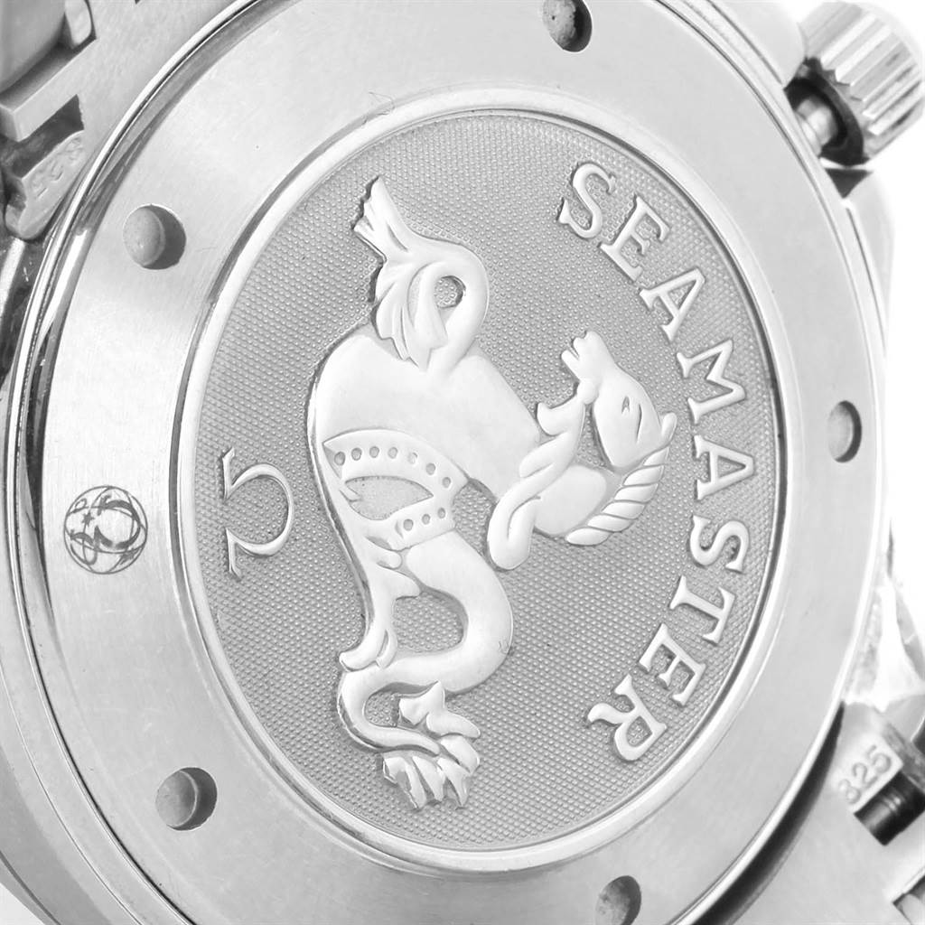 The image shows a close-up of the case back of an Omega Seamaster 2221.80.00 Men
s Stainless Steel Blue Dial 2221.80.00 Men
s Stainless Steel Blue Dial watch, featuring the embossed Seamaster emblem.
