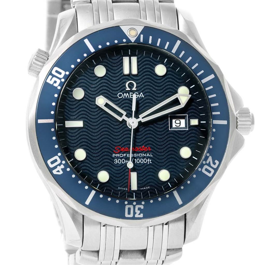 The Omega Seamaster 2221.80.00 Men
s Stainless Steel Blue Dial 2221.80.00 Men
s Stainless Steel Blue Dial watch is shown from a front angle, displaying its face, bezel, and part of its metal bracelet.