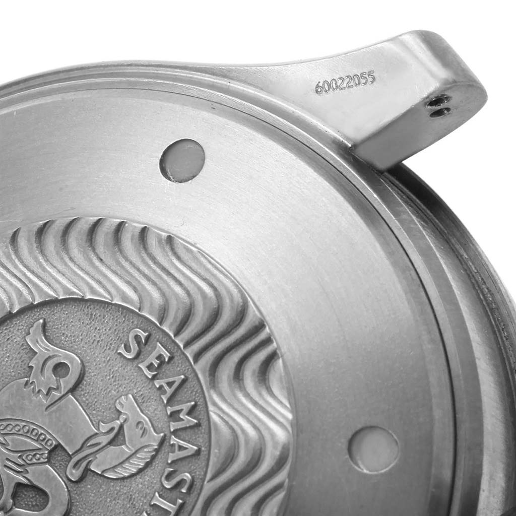 The image displays the back case of an Omega Seamaster 2296.80.00 Men
s Titanium Blue Dial 2296.80.00 Men
s Titanium Blue Dial watch, highlighting the engraved logo and model number on the lug.