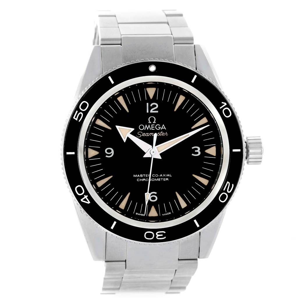 The Omega Seamaster 231.10.42.21.01.001 Men
s Stainless Steel Black Dial 231.10.42.21.01.001 Men
s Stainless Steel Black Dial watch is shown from the front, displaying its dial, bezel, and bracelet.