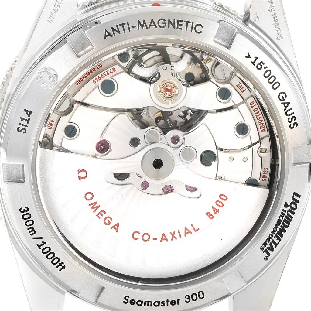 The image shows the back view of the Omega Seamaster 231.10.42.21.01.001 Men
s Stainless Steel Black Dial 231.10.42.21.01.001 Men
s Stainless Steel Black Dial 300, highlighting its transparent case back and internal movement.