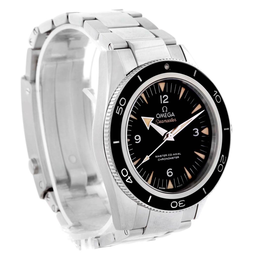 The image shows an Omega Seamaster 231.10.42.21.01.001 Men
s Stainless Steel Black Dial 231.10.42.21.01.001 Men
s Stainless Steel Black Dial watch from an angled side view, displaying its dial, bezel, and metal bracelet.