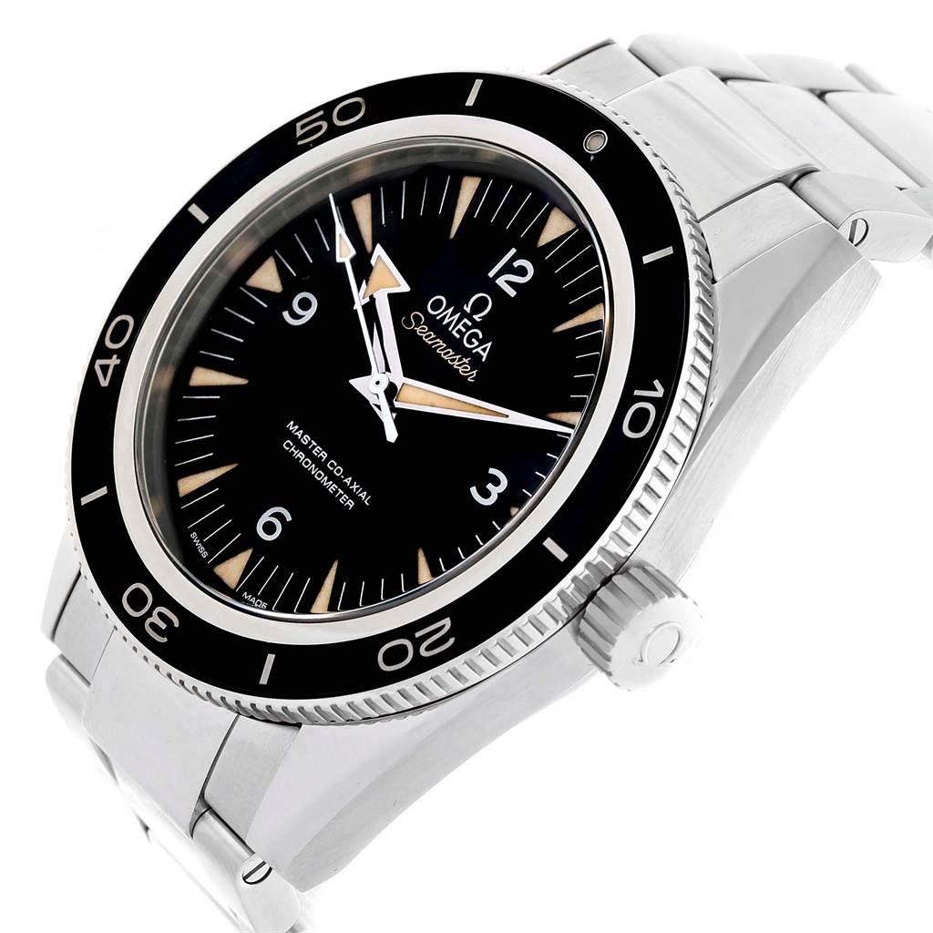 The image shows an Omega Seamaster 231.10.42.21.01.001 Men
s Stainless Steel Black Dial 231.10.42.21.01.001 Men
s Stainless Steel Black Dial watch at a slight angle, highlighting the dial, bezel, crown, and stainless steel bracelet.