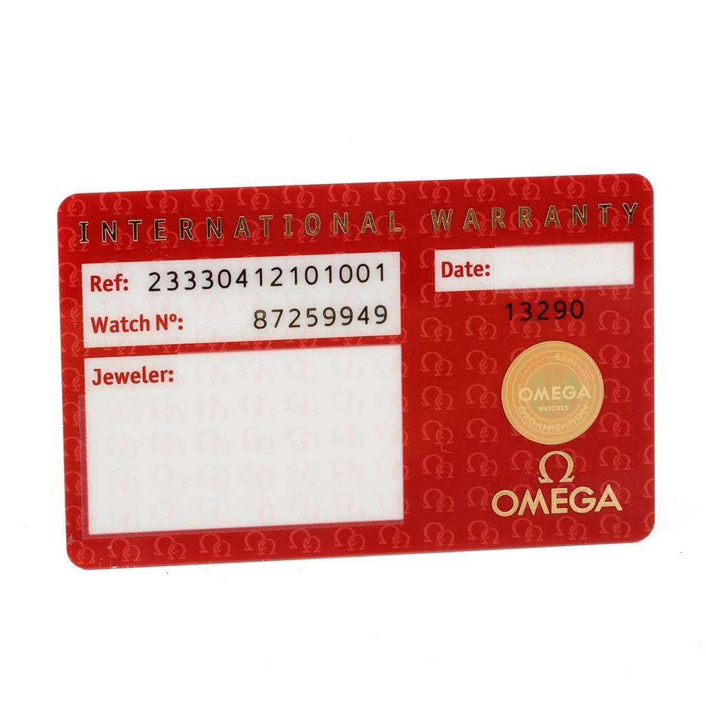 The image shows an Omega Seamaster 231.10.42.21.01.001 Men
s Stainless Steel Black Dial 231.10.42.21.01.001 Men
s Stainless Steel Black Dial International Warranty card, displaying reference and watch numbers, but no date or jeweler details.