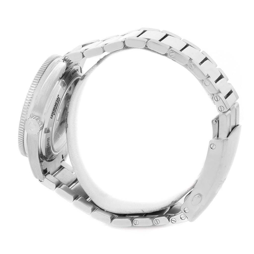 The image shows a side view of the Omega Seamaster 231.10.42.21.01.001 Men
s Stainless Steel Black Dial 231.10.42.21.01.001 Men
s Stainless Steel Black Dial watch, focusing on its stainless steel bracelet and side profile of the case.