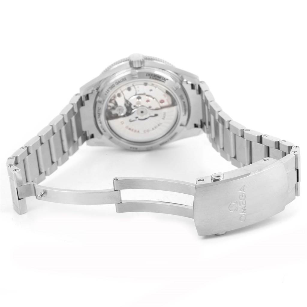 The image shows the back view of an Omega Seamaster 231.10.42.21.01.001 Men
s Stainless Steel Black Dial 231.10.42.21.01.001 Men
s Stainless Steel Black Dial watch, highlighting its metal bracelet and open deployment clasp.