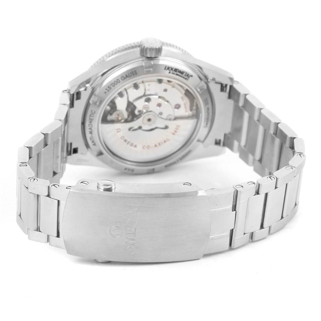 The photo shows the back view of an Omega Seamaster 231.10.42.21.01.001 Men
s Stainless Steel Black Dial 231.10.42.21.01.001 Men
s Stainless Steel Black Dial watch, displaying the movement and bracelet clasp.