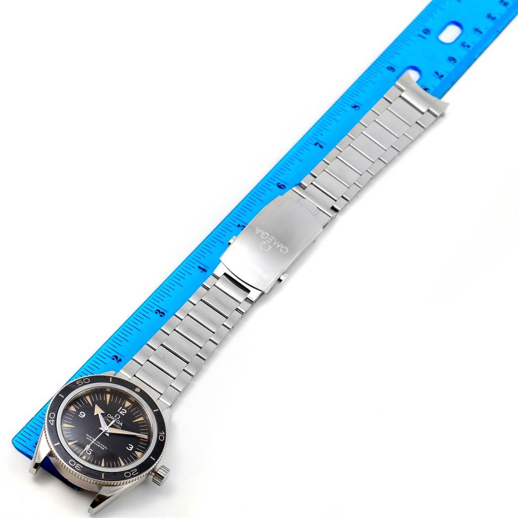 The Seamaster model by Omega is shown from the top angle, highlighting the watch face, stainless steel bracelet, and clasp.