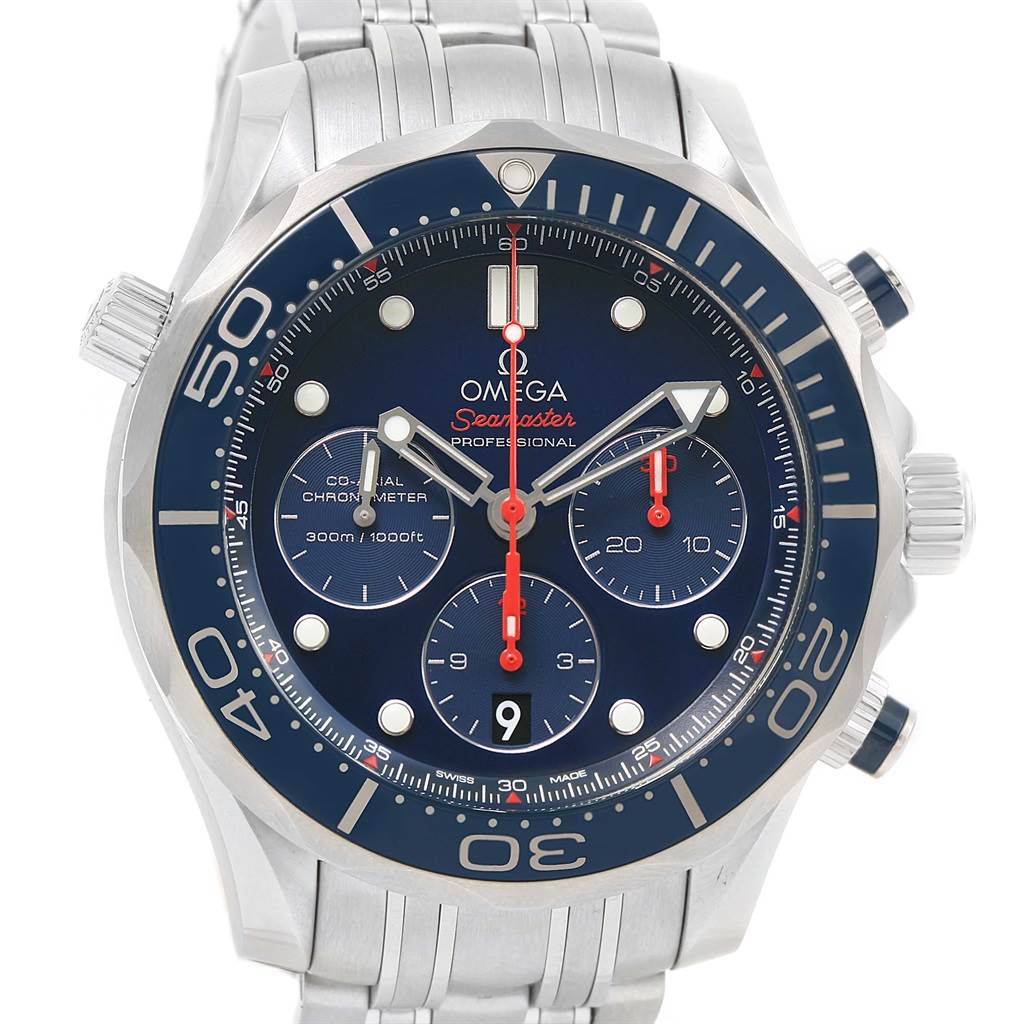The image shows a front view of the Omega Seamaster 212.30.44.50.03.001 Men
s Stainless Steel Blue Dial 212.30.44.50.03.001 Men
s Stainless Steel Blue Dial watch, displaying its face, bezel, and metal bracelet.