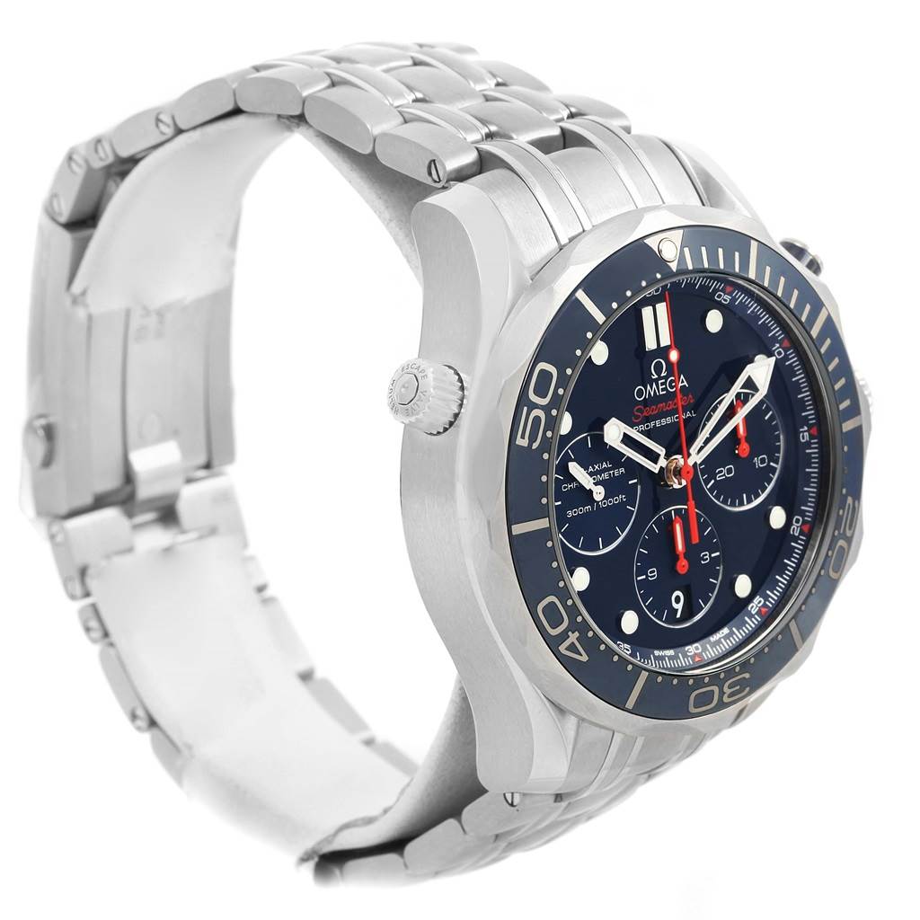 The image shows an angled view of the Omega Seamaster 212.30.44.50.03.001 Men
s Stainless Steel Blue Dial 212.30.44.50.03.001 Men
s Stainless Steel Blue Dial watch, highlighting its face, bezel, crown, and stainless steel bracelet.