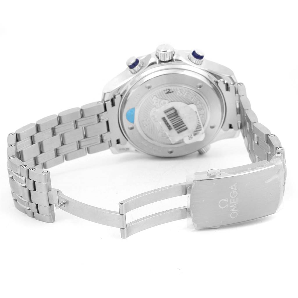 The image shows the back view of an Omega Seamaster 212.30.44.50.03.001 Men
s Stainless Steel Blue Dial 212.30.44.50.03.001 Men
s Stainless Steel Blue Dial watch, highlighting its case back and metal bracelet.