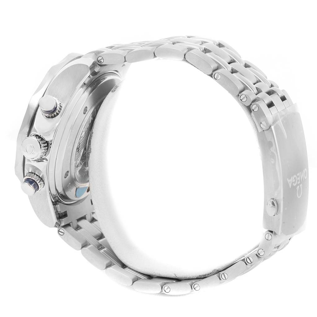 The image shows the Omega Seamaster 212.30.44.50.03.001 Men
s Stainless Steel Blue Dial 212.30.44.50.03.001 Men
s Stainless Steel Blue Dial watch from a side angle, highlighting its chronograph pushers, crown, and metal bracelet.