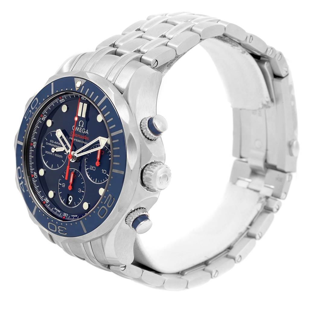The image shows a side angle of an Omega Seamaster 212.30.44.50.03.001 Men
s Stainless Steel Blue Dial 212.30.44.50.03.001 Men
s Stainless Steel Blue Dial watch, highlighting the bezel, crown, chronograph pushers, and metallic bracelet.