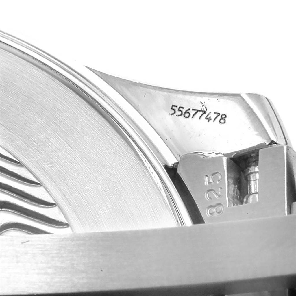 This close-up image of the Omega Seamaster 2541.80.00 Men
s Stainless Steel Blue Dial 2541.80.00 Men
s Stainless Steel Blue Dial watch shows part of the case back with engraving details and the serial number.