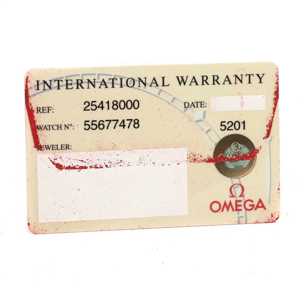 This image shows the International Warranty card for an Omega Seamaster 2541.80.00 Men
s Stainless Steel Blue Dial 2541.80.00 Men
s Stainless Steel Blue Dial watch.