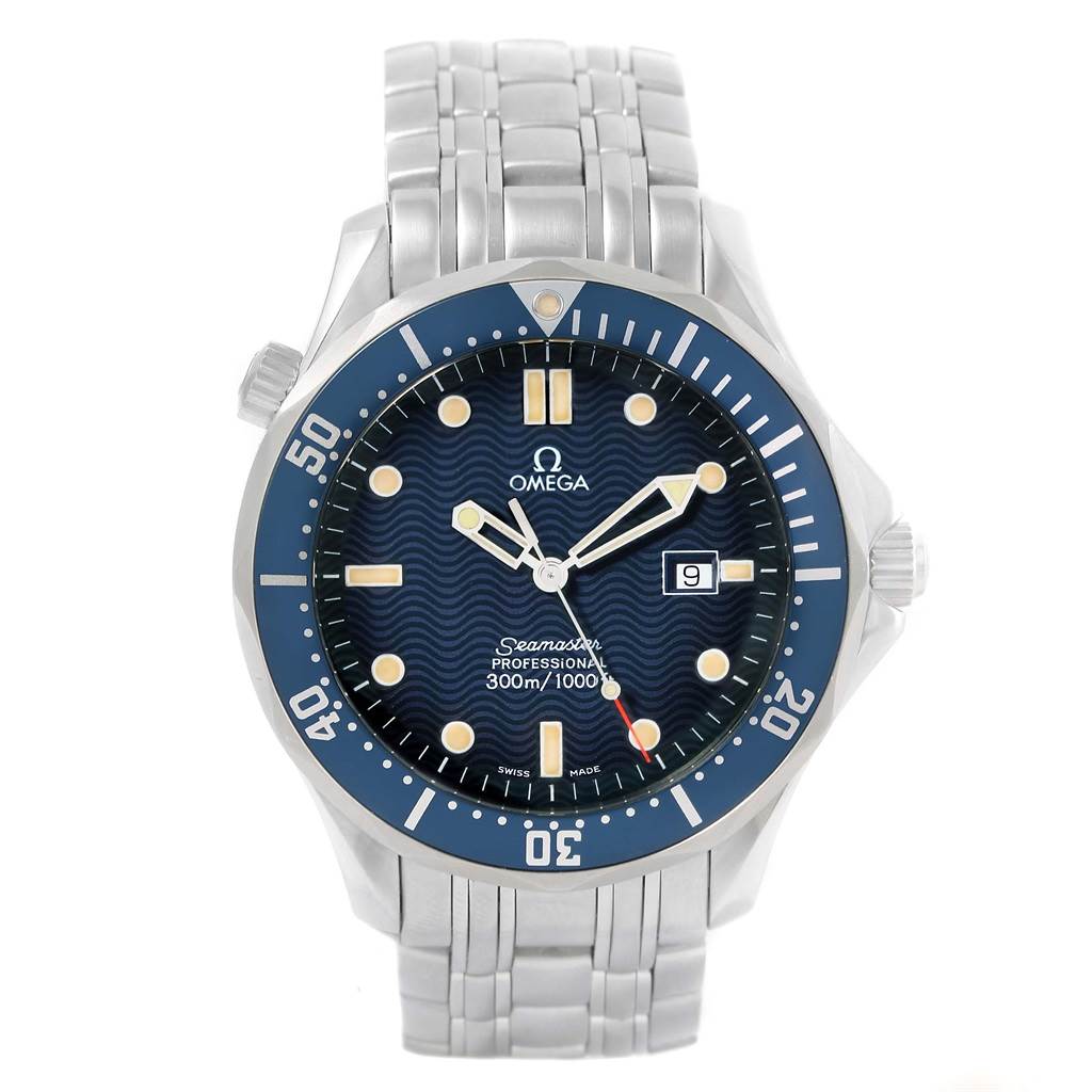 The Omega Seamaster 2541.80.00 Men
s Stainless Steel Blue Dial 2541.80.00 Men
s Stainless Steel Blue Dial watch is shown from the front, displaying its dial, bezel, and steel bracelet.