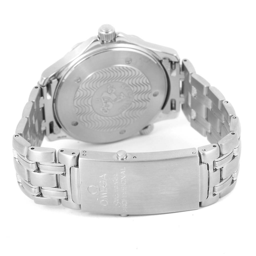 The image shows the back case and bracelet clasp of an Omega Seamaster 2541.80.00 Men
s Stainless Steel Blue Dial 2541.80.00 Men
s Stainless Steel Blue Dial watch.