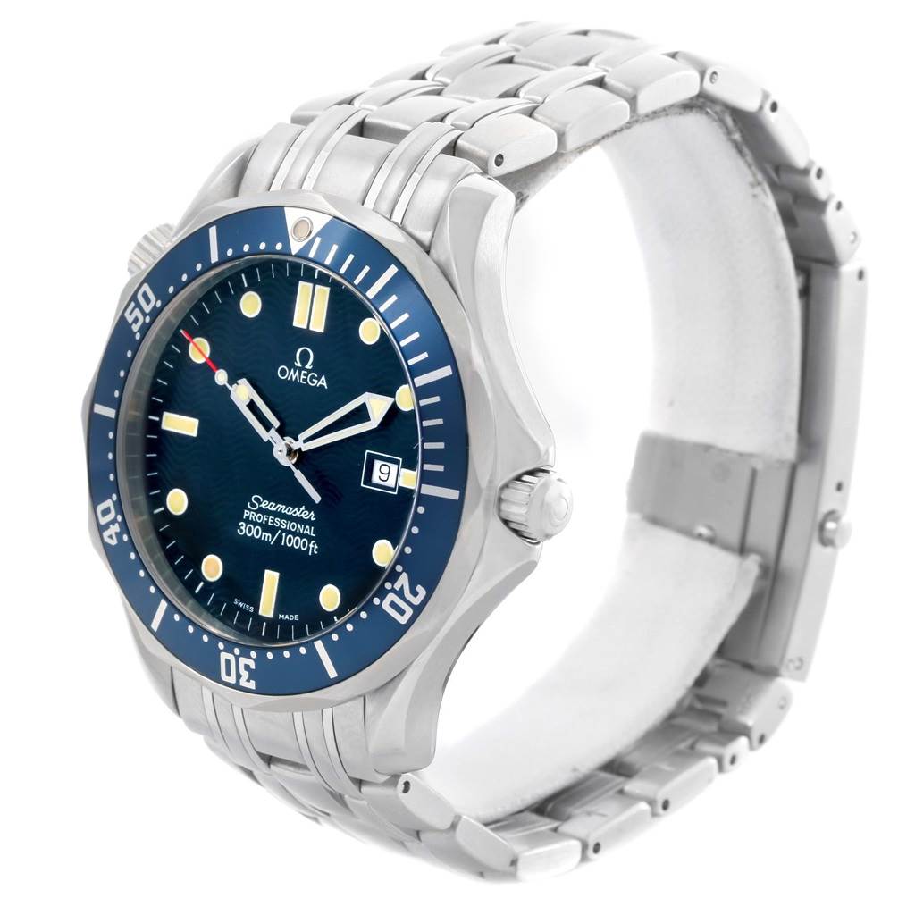 The image shows an Omega Seamaster 2541.80.00 Men's Stainless Steel Blue Dial 2541.80.00 Men's Stainless Steel Blue Dial watch from an angle highlighting its face, bezel, crown, and metal bracelet.