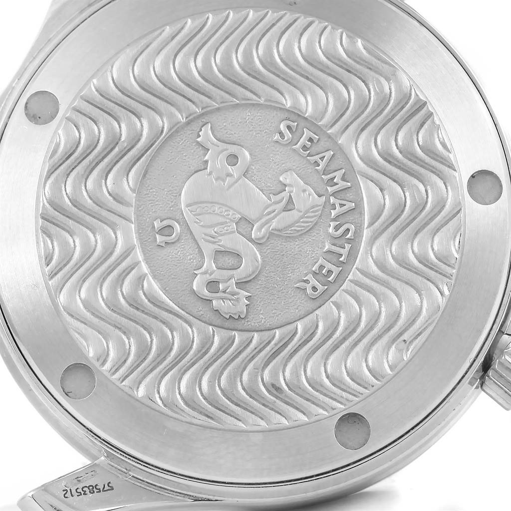 This image shows a close-up of the case back of an Omega Seamaster 2561.80.00 Men
s Stainless Steel Blue Dial 2561.80.00 Men
s Stainless Steel Blue Dial watch, featuring embossed detailing.
