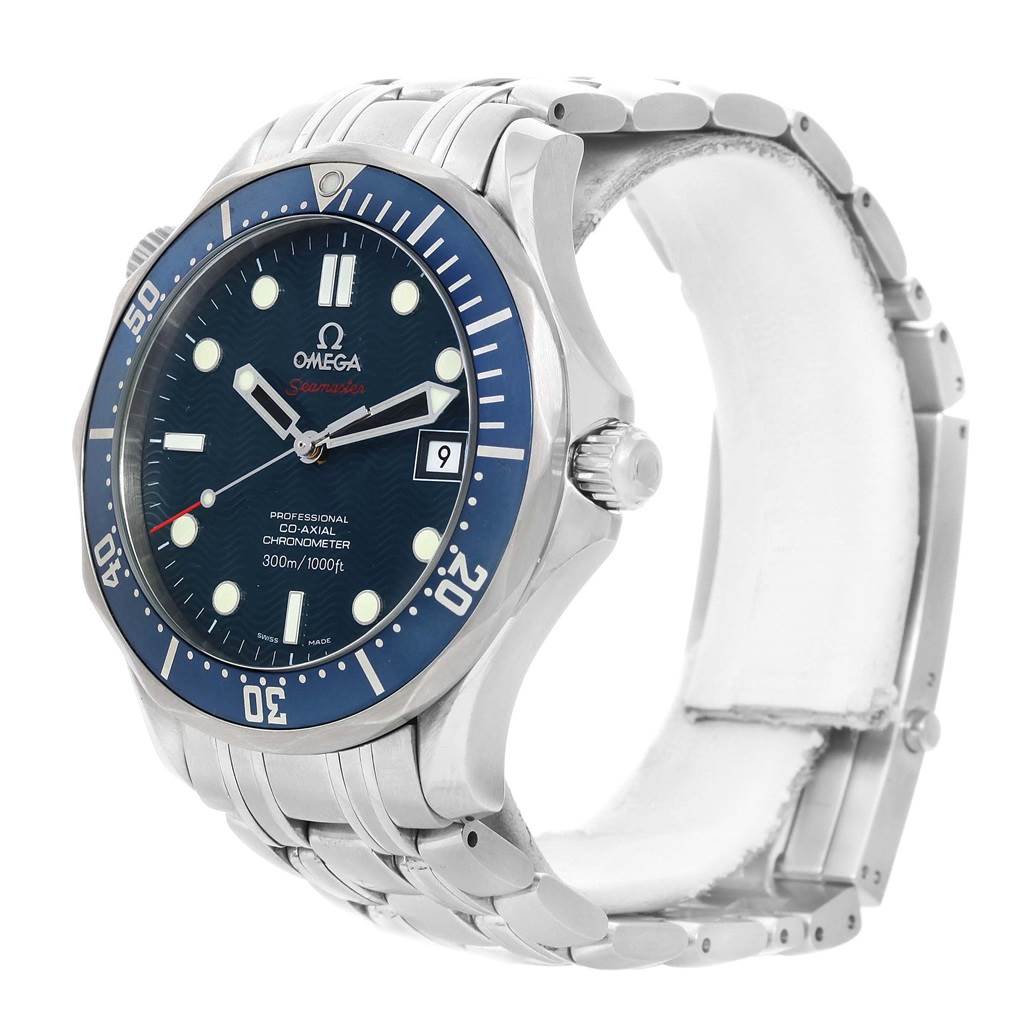 The image shows an Omega Seamaster 2220.80.00 Men
s Stainless Steel Blue Dial 2220.80.00 Men
s Stainless Steel Blue Dial watch from a side angle, highlighting the face, bezel, crown, and stainless steel bracelet.