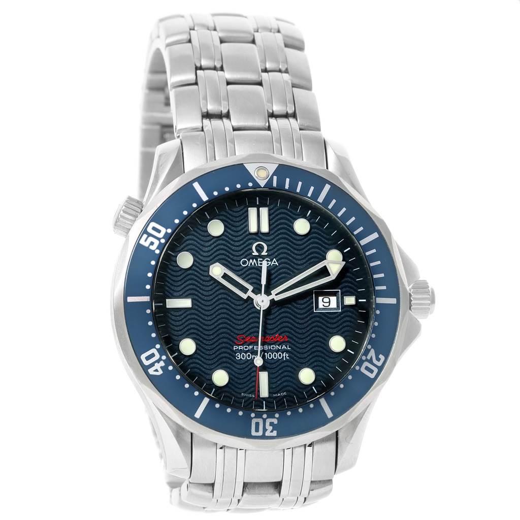 The Omega Seamaster 2221.80.00 Men
s Stainless Steel Blue Dial 2221.80.00 Men
s Stainless Steel Blue Dial watch is shown from a frontal angle, displaying the face, bezel, crown, and metal bracelet.