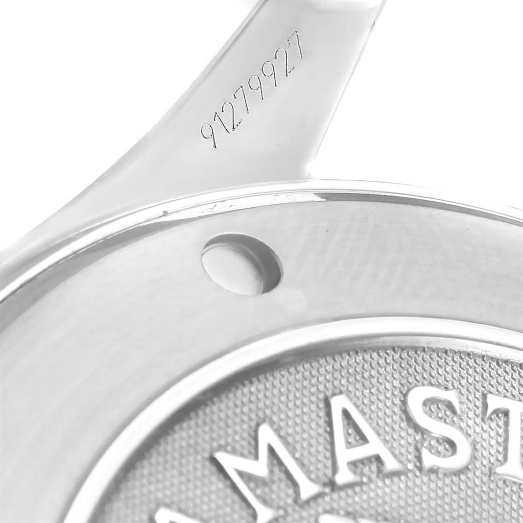 This close-up image features the case back of an Omega Seamaster 2221.80.00 Men
s Stainless Steel Blue Dial 2221.80.00 Men
s Stainless Steel Blue Dial watch, displaying part of the model name and serial number.