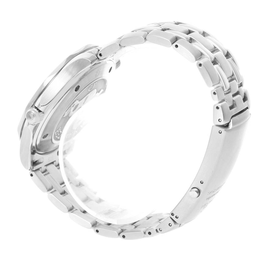 The image shows a side view of the Omega Seamaster 2221.80.00 Men
s Stainless Steel Blue Dial 2221.80.00 Men
s Stainless Steel Blue Dial watch, highlighting the case back, crown, and stainless steel bracelet.