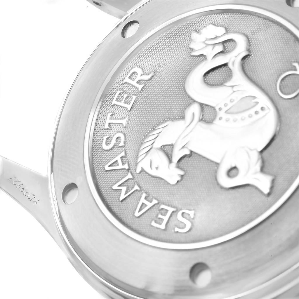 The image shows the back case of the Omega Seamaster 2221.80.00 Men
s Stainless Steel Blue Dial 2221.80.00 Men
s Stainless Steel Blue Dial watch, highlighting its embossed logo and text.