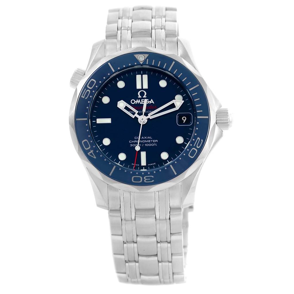The image shows a front view of the Omega Seamaster 212.30.36.20.03.001 Men
s Stainless Steel Blue Dial 212.30.36.20.03.001 Men
s Stainless Steel Blue Dial watch, displaying its dial, bezel, and metal bracelet.