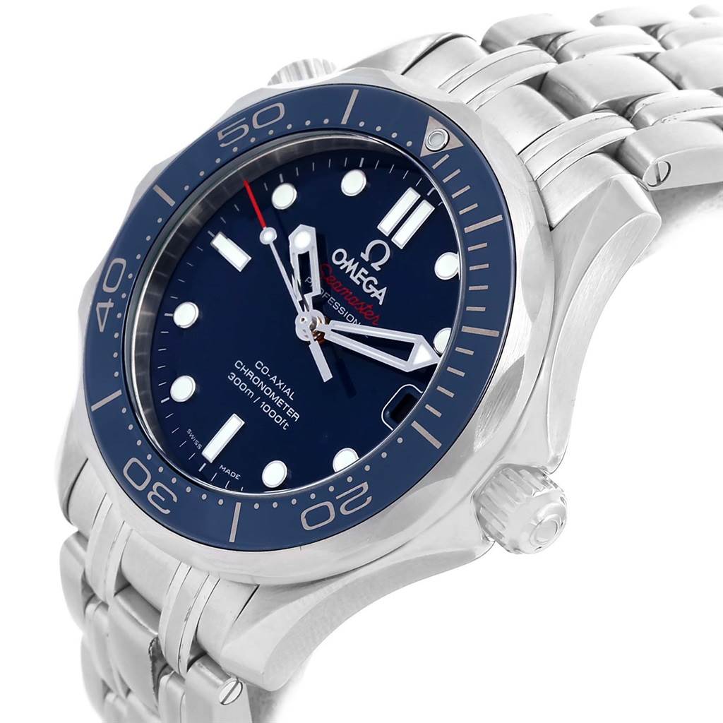 The image showcases an Omega Seamaster 212.30.36.20.03.001 Men
s Stainless Steel Blue Dial 212.30.36.20.03.001 Men
s Stainless Steel Blue Dial watch from a front-left angle, highlighting the dial, bezel, crown, and stainless steel bracelet.