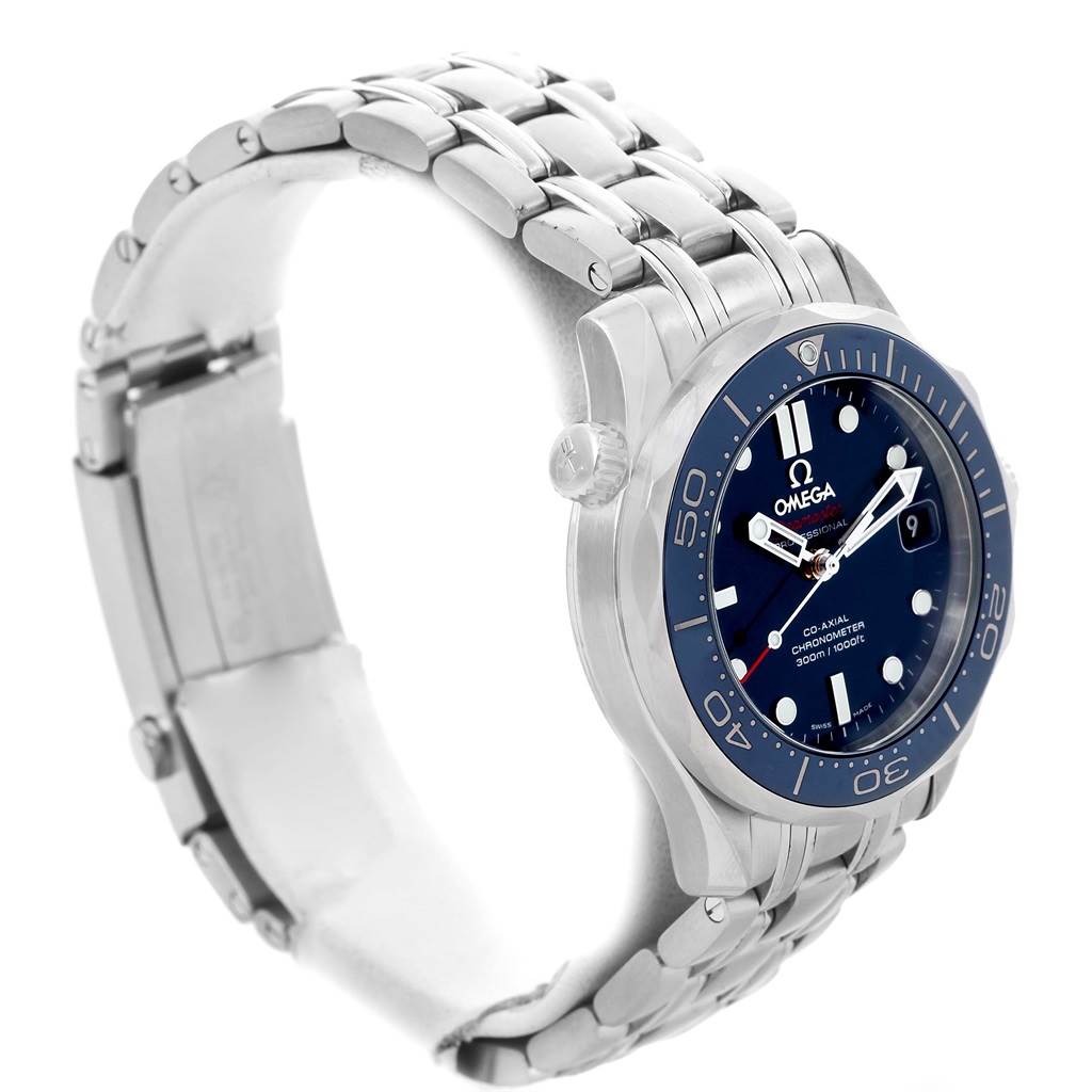 The image shows an oblique side view of an Omega Seamaster 212.30.36.20.03.001 Men
s Stainless Steel Blue Dial 212.30.36.20.03.001 Men
s Stainless Steel Blue Dial watch, highlighting the dial, bezel, crown, and metal bracelet.
