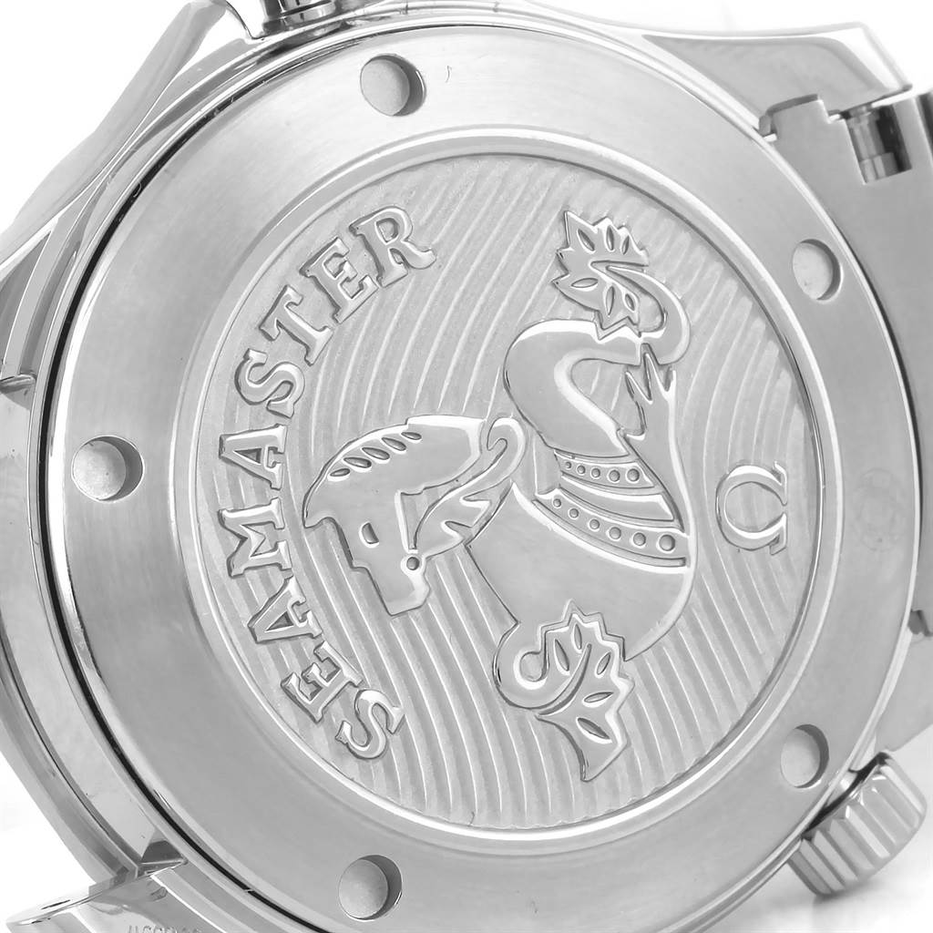 The image shows the case back of an Omega Seamaster 212.30.36.20.03.001 Men
s Stainless Steel Blue Dial 212.30.36.20.03.001 Men
s Stainless Steel Blue Dial watch with an engraved design and logo.