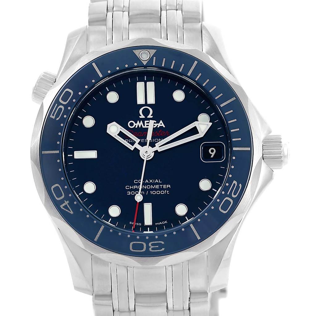 The image shows a frontal view of an Omega Seamaster 212.30.36.20.03.001 Men
s Stainless Steel Blue Dial 212.30.36.20.03.001 Men
s Stainless Steel Blue Dial watch, highlighting the watch face, bezel, and metal bracelet.
